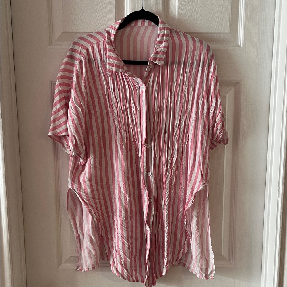 Pink and White Striped Button-Up Shirt